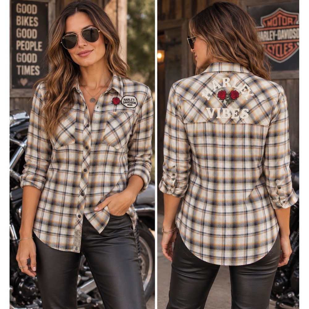 Harley-Davidson Women's Harley Vibes Plaid Flannel Button Down Shirt XS Biker